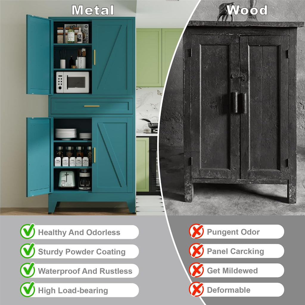 QINPTWUT 71' Farmhouse Pantry Cabinet in Blue, with 4 Doors & Center Drawer, Tall Food Cabinet with Adjustable Shelves, Freestanding Steel Cupboard for Kitchen, Dining Room, Pantry, Garage