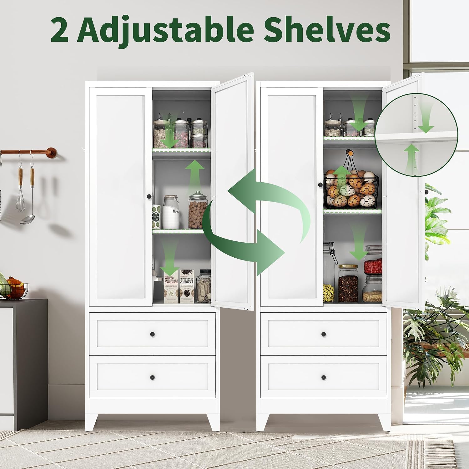 72' Tall Kitchen Pantry Cabinet,White Metal Pantry Cabinet with 2 Drawers & 2 Adjustable Shelves,Utility Storage Cabinet for Living Room,Garage,Basement