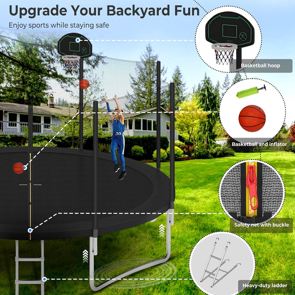 Lyromix Upgraded 16FT 15FT 14FT 12FT 10FT 8FT Trampoline Outdoor with Basketball Hoop and Net, Capacity for 4-6 Kids and Adults