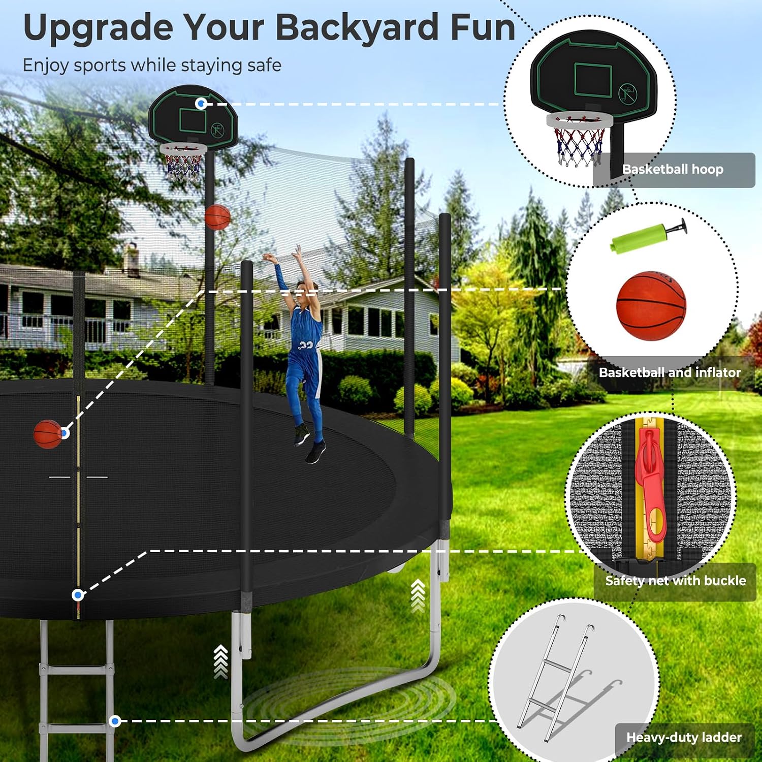 Lyromix Upgraded 16FT 15FT 14FT 12FT 10FT 8FT Trampoline Outdoor with Basketball Hoop and Net, Capacity for 4-6 Kids and Adults