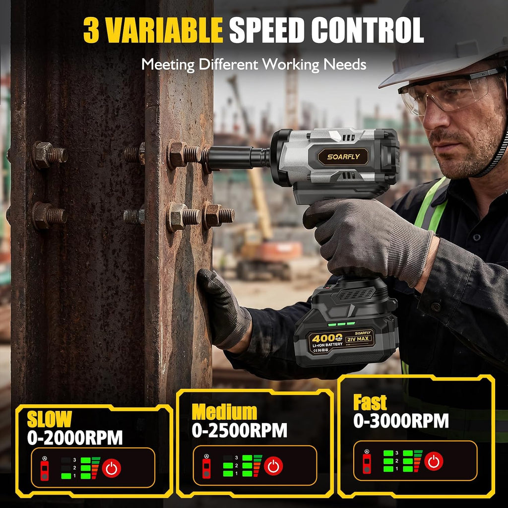 SOARFLY 1/2' Cordless Impact Wrench, 1500N.m (1106 Ft-Lbs) High Torque, 21V Brushless Impact Gun with 2x 4.0Ah Batteries, Variable Speed, LED Light, 5 Sockets for Truck RV Car Heavy Construction