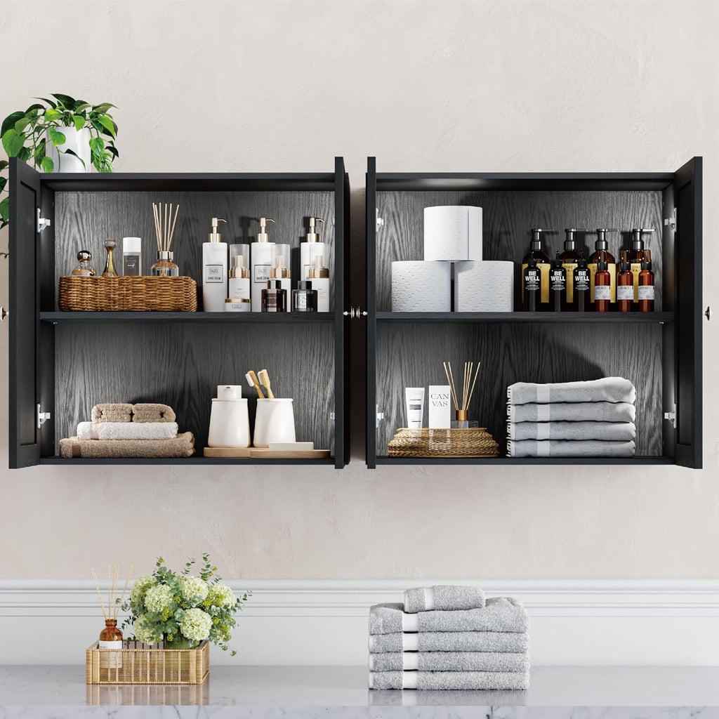 Furnaza Rattan Wall Cabinets Set - 24' Kitchen Wall Mounted Storage Cabinets with 2 Paper Rattan Doors and Shlelf Adjustable in Laundry or Bathroom Over The Toilet,One Set of 2 Pcs, in Black