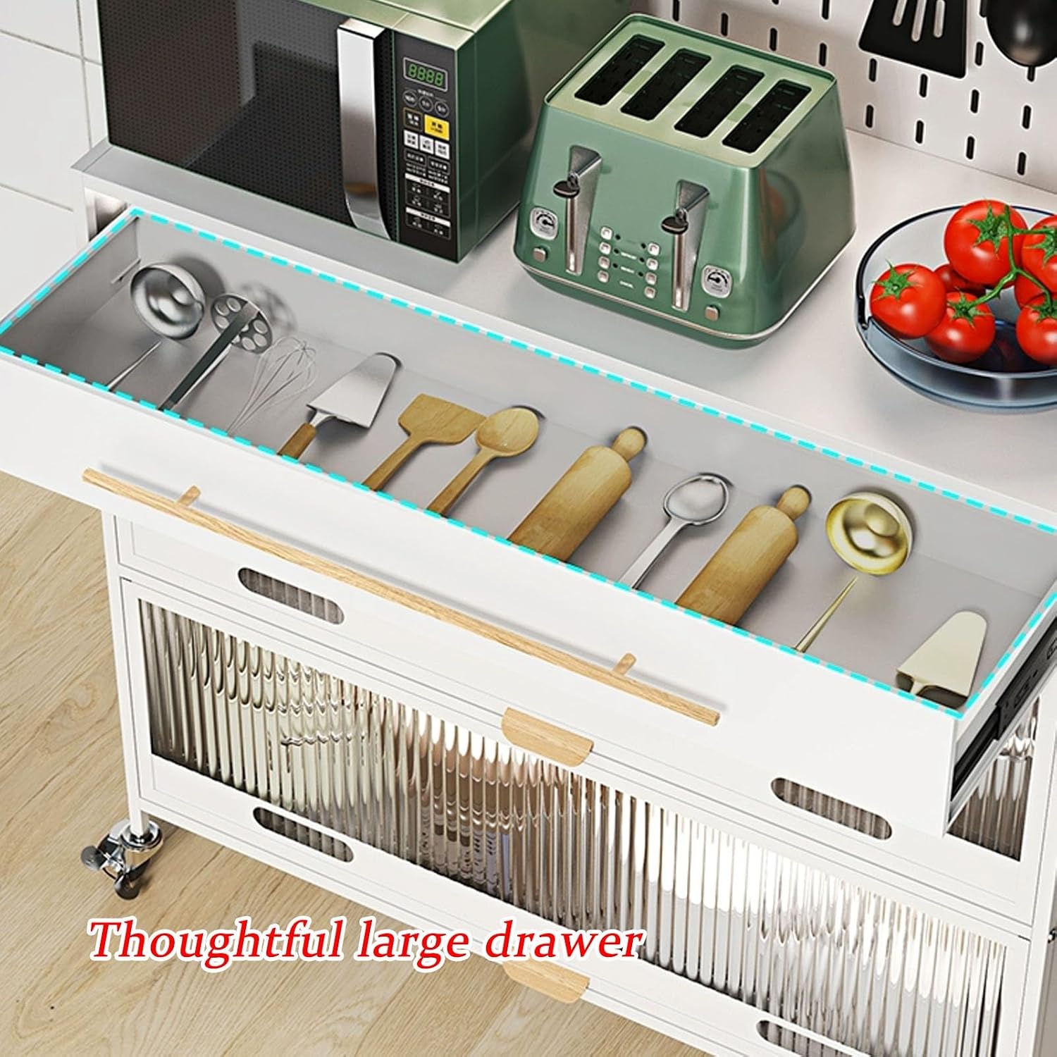 JKGHK 5-Tier Bakers Racks with Storage for Kitchens, Microwave Stand on Wheels with Flip Door Cabinets and Pegboard, Tall Kitchen Pantry Cabinet with Drawer for Home(White,100cm/39.3in)