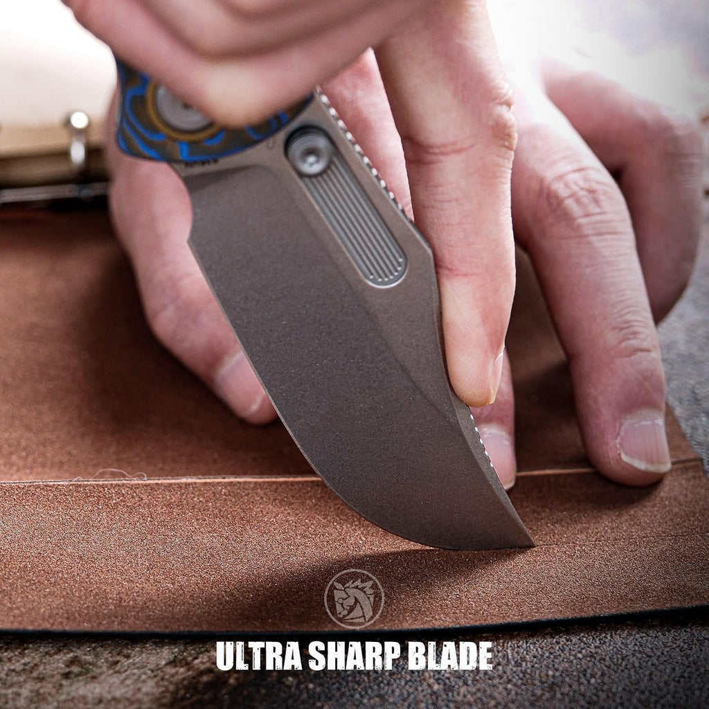 Vosteed Naga EDC Folding Pocket Knife - 3.47' S35VN Stonewash Blade, Clip Point - Top Liner Lock, Blue Ocean Micarta Handle - Camping, Hunting Knives - A3903