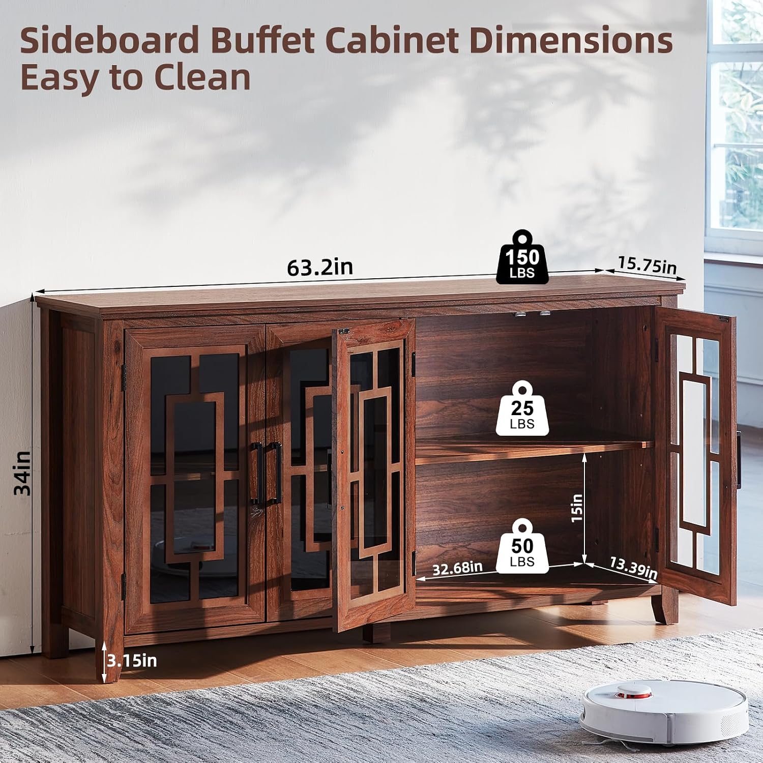Joaxswe Large Sideboard Buffet Cabinet with Storage, 63' Farmhouse Brown Kitchen Coffee Wine Bar Cabinet with 4 Glass Doors, Wood Mid Century Modern Side Board Table for Dining Room, Living Room