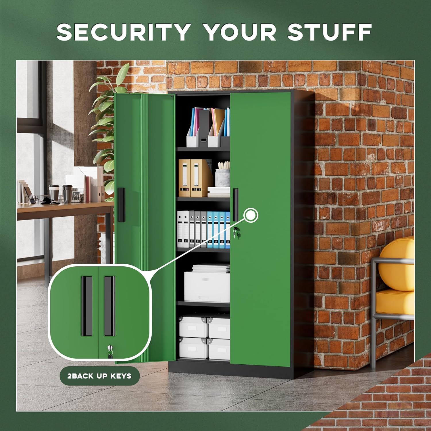 Greenvelly Metal Garage Storage Cabinet, 72' Black Green Tool Steel Locking Cabinet with Doors and 4 Shelves, Tall Cabinets for Garage Storage Systems Lockable File Cabinet for Home Office,Garage