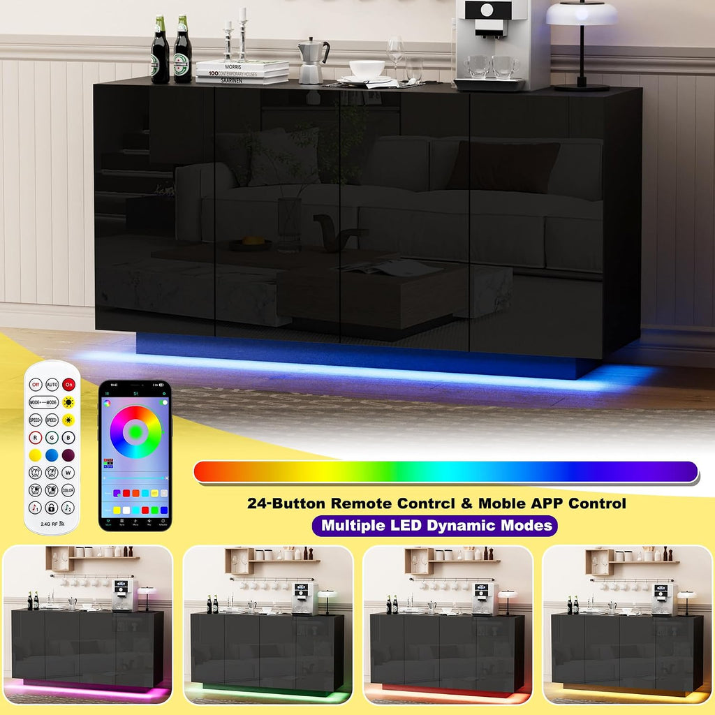 Anbuy Buffet Cabinet with LED Lights Sideboard with Storage Coffee Bar with Charging Station Buffet Cabinet with High Gloss Doors for Kitchen, Bedroom, Living Room (Black LED)