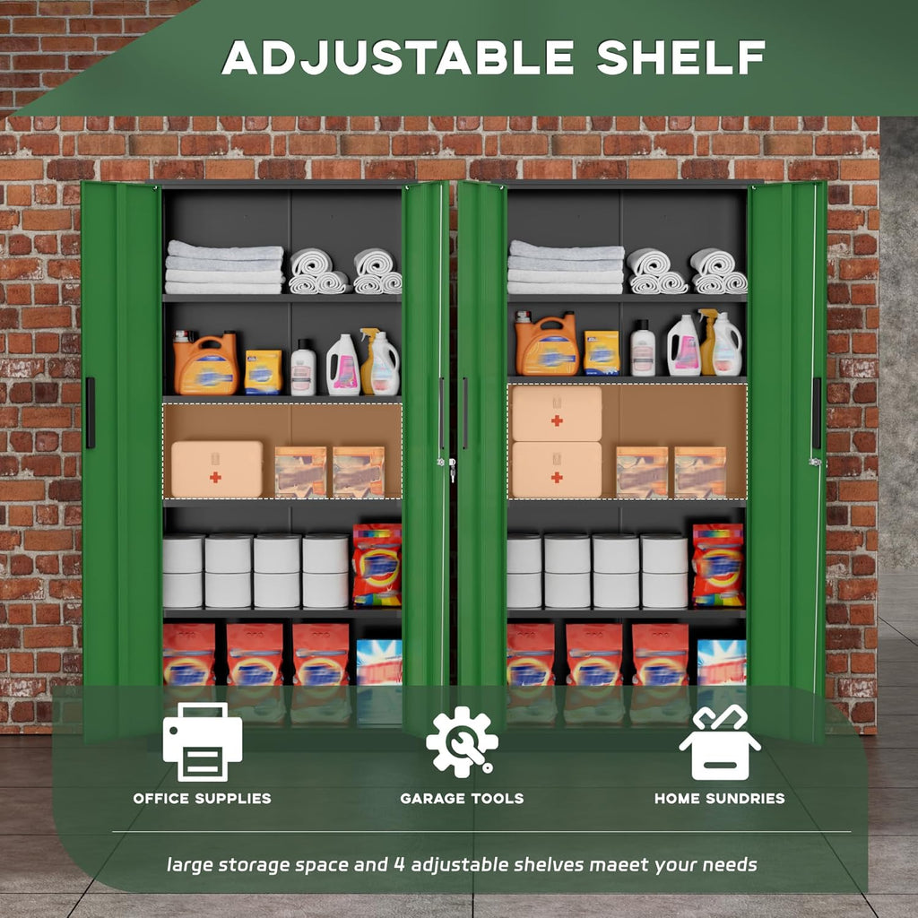 Greenvelly Metal Garage Storage Cabinet, 72' Black Green Tool Steel Locking Cabinet with Doors and 4 Shelves, Tall Cabinets for Garage Storage Systems Lockable File Cabinet for Home Office,Garage