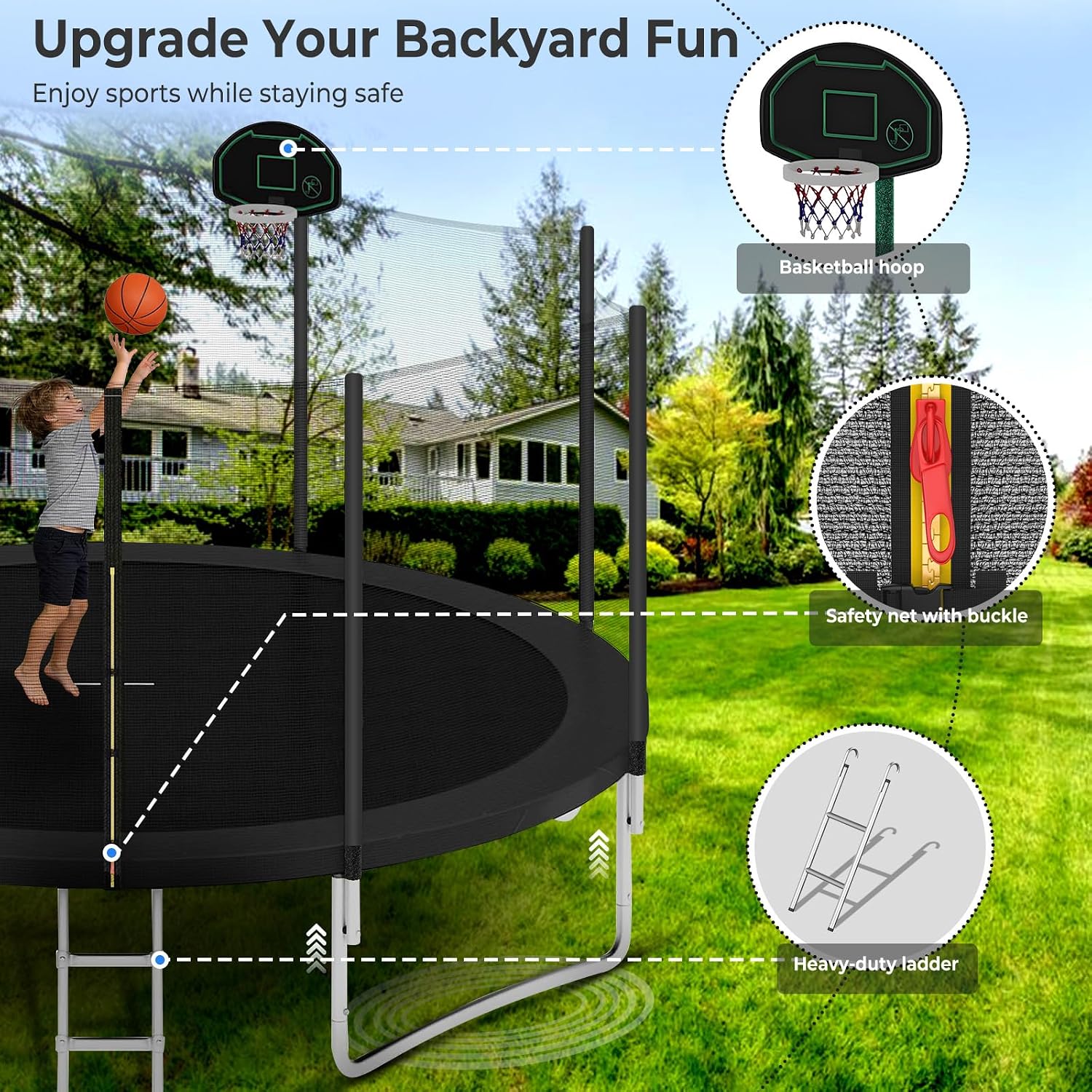 Lyromix Upgraded Trampoline with Lights, Large Outdoor Trampoline with Sprinkler,Basketball Hoop and Net, Capacity for 5-8 Kids and Adults