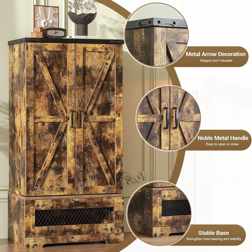 kepptory Farmhouse Pantry Cabinet with Barn Door & Adjustable Shelves, Freestanding Kitchen Storage Cabinet for Dining Room, Bathroom, Hallway (Brown)