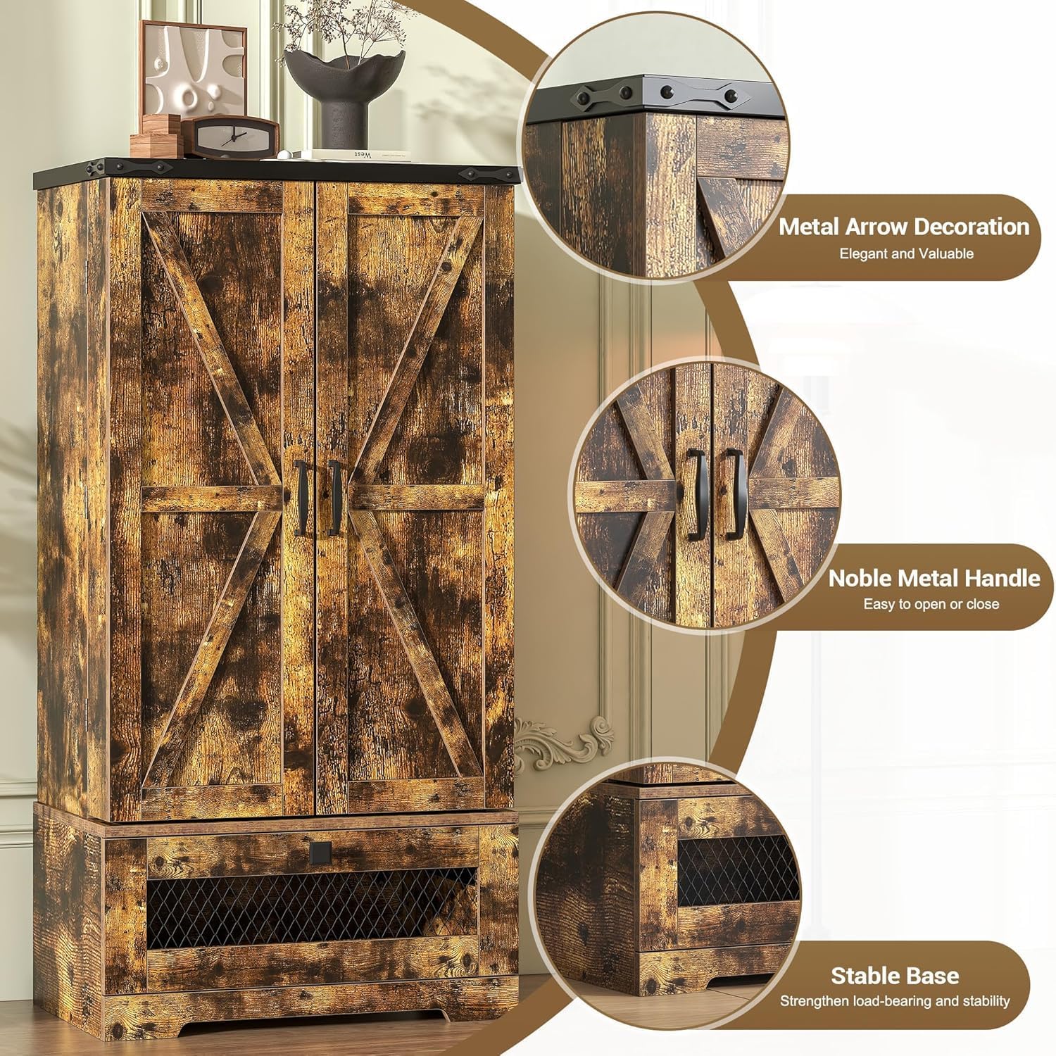 kepptory Farmhouse Pantry Cabinet with Barn Door & Adjustable Shelves, Freestanding Kitchen Storage Cabinet for Dining Room, Bathroom, Hallway (Brown)