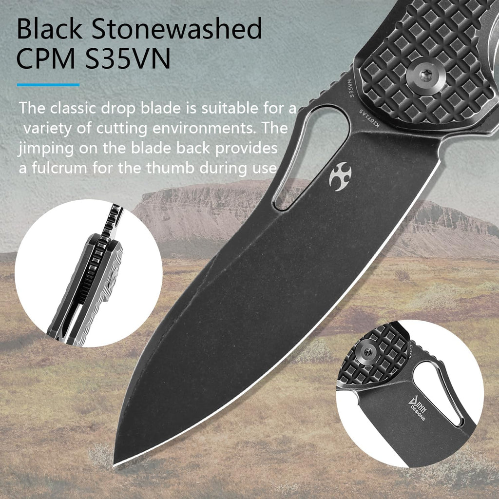 KANSEPT Echis Pocket Folding Knives for Men Women Camping Hiking Folding Knife 3.45'' Black Stonewashed CPM S35VN Blade with Blackwash Titanium with Frag Pattern Handle Everyday Carry K1071A5