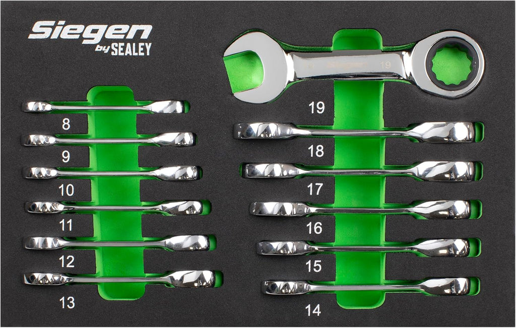Sealey S0633 Metric Stubby Ratchet Combination Spanner Set, 12 Pieces, Silver