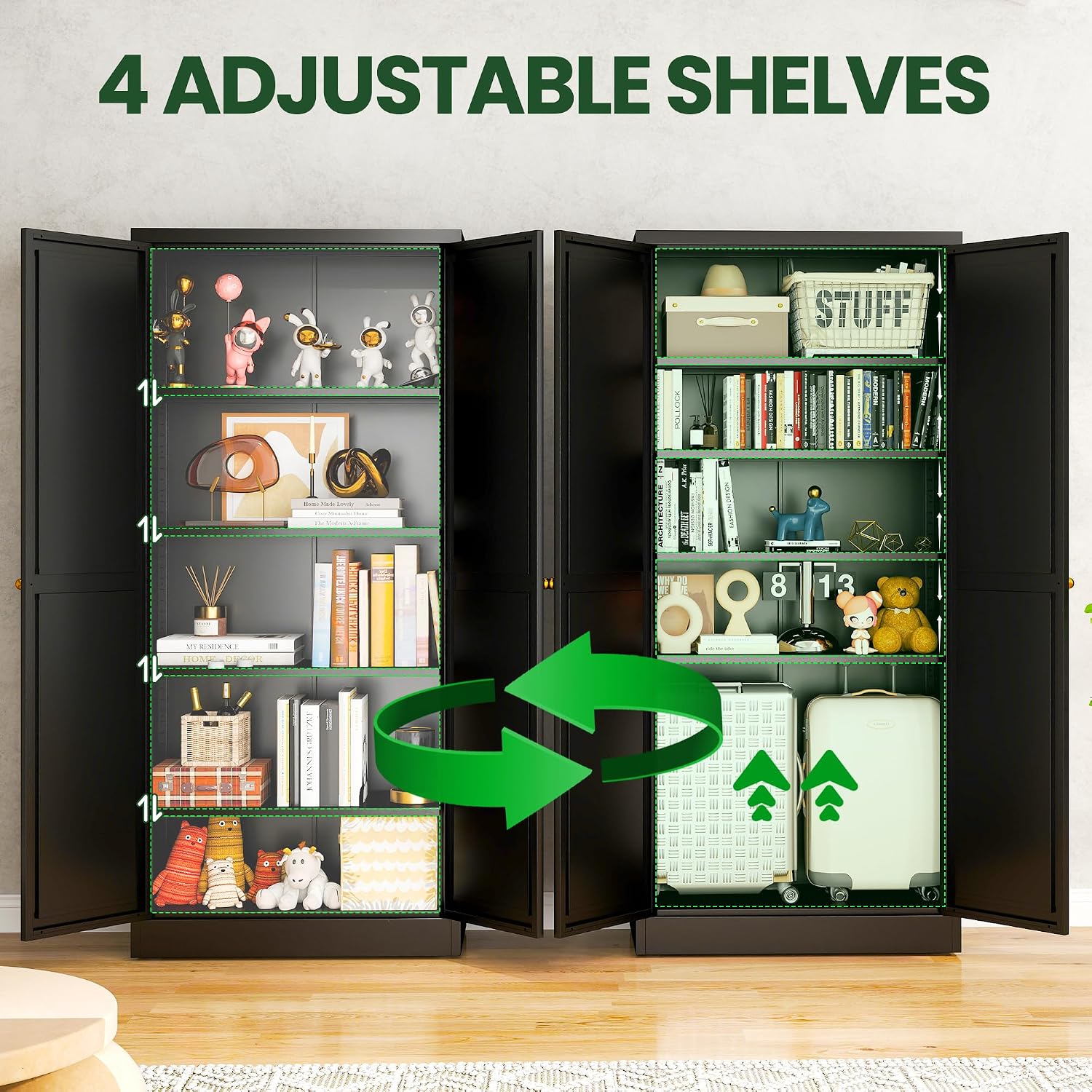 Kitchen Pantry Cabinet,Black Metal Pantry Cabinet with 2 Doors & 4 Adjustable Shelves,61' Farmhouse Utility Storage Cabinet for Living Room,Garage,Basement