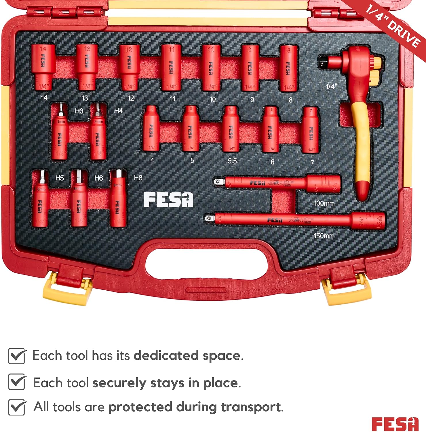 FESA Electrician Insulated Socket Set - 1000V 20-Piece Professional Insulated Ratchet & Socket Wrench Set (1/4' Drive) w/ 2 Extensions & 5 Hex Bits - 1000 Volt Tools for Electricians