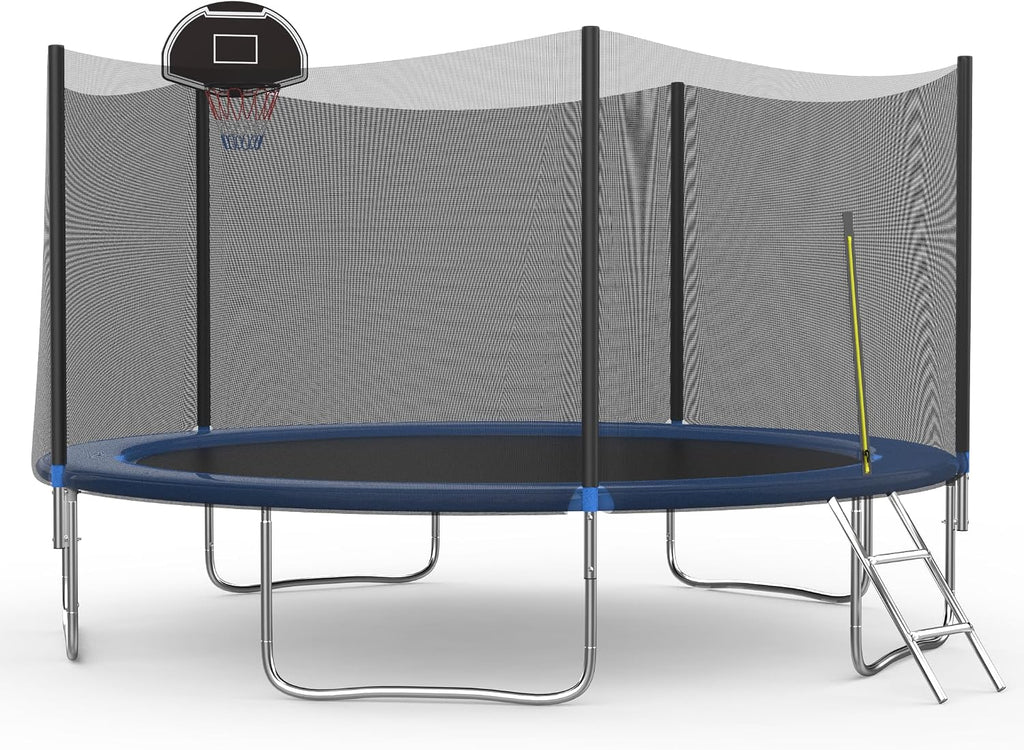 14FT Tranpoline for Kids with Safety Enclosure Net Recreational Round Tranpoline with Basketball Hoop ASTM Approval Backyard Outdoor Tranpoline with Spring Pad Cover & Ladder