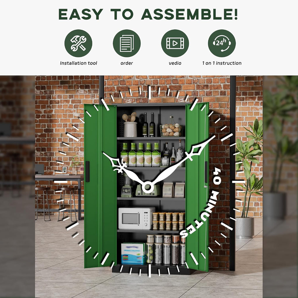 Greenvelly Metal Garage Storage Cabinet, 72' Black Green Tool Steel Locking Cabinet with Doors and 4 Shelves, Tall Cabinets for Garage Storage Systems Lockable File Cabinet for Home Office,Garage