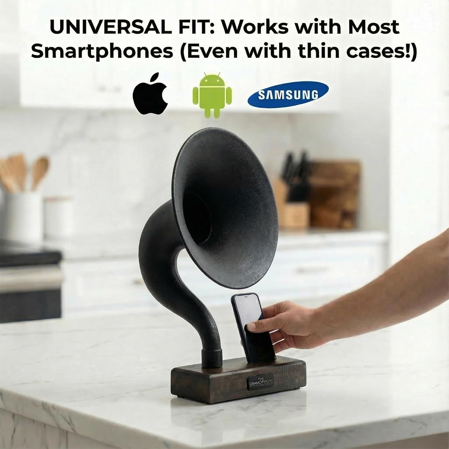 Handmade Acoustic Phone Speaker, Gramophone Phone Amplifier, Vintage Passive Speaker for Home Decor, Office Furniture Gift, Unique Handmade Smart Phone Dock - 17' Dark Walnut & Aged Carbon