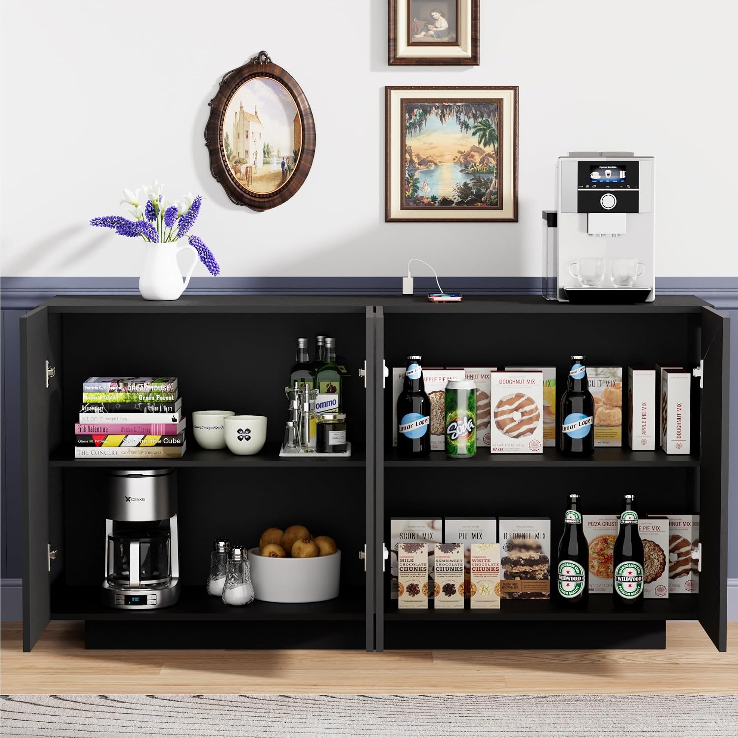 Anbuy Buffet Cabinet with LED Lights Sideboard with Storage Coffee Bar with Charging Station Buffet Cabinet with High Gloss Doors for Kitchen, Bedroom, Living Room (Black LED)