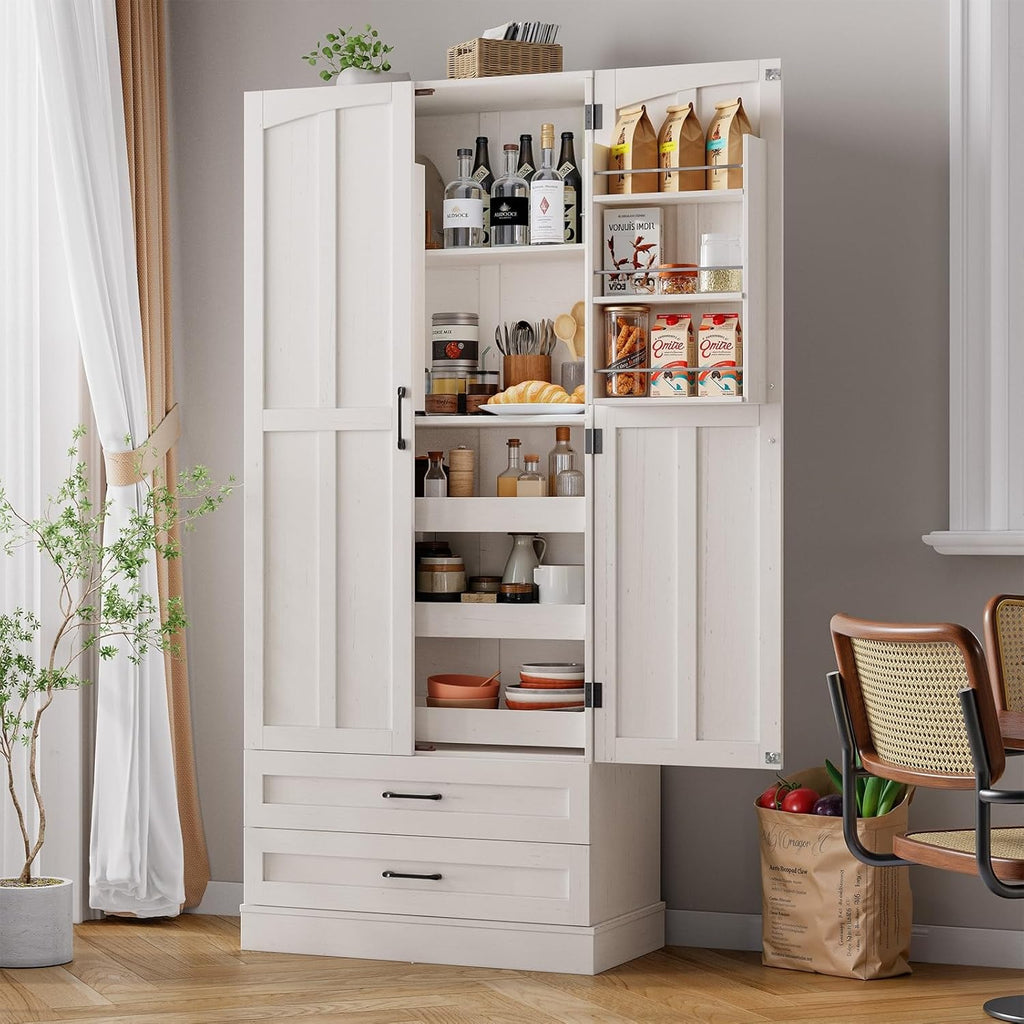 ONBRILL 71' Tall Farmhouse Kitchen Pantry Cabinet with 3 Pull Out Shelves & 2 Large Drawers, Pantry Storage Cabinet with 6 Door Shelf & Adjustable Shelf, Freestanding Cupboard for Kitchen, Dining Room