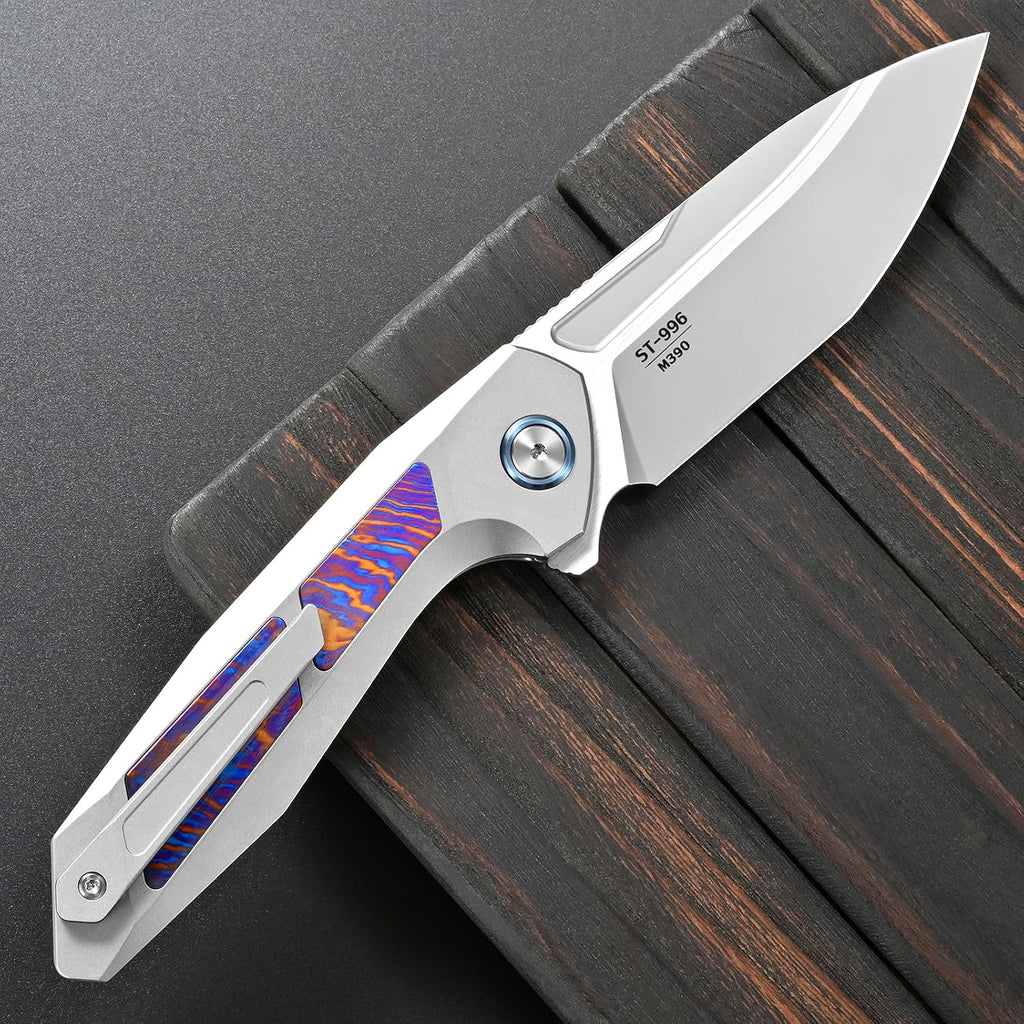 Sitivien ST996 Folding Knife, Handmade M390 Pearlescent Polishing Blade,Titanium & Timascus Handle for Outdoor Camping, Hiking, Working (Timascus)