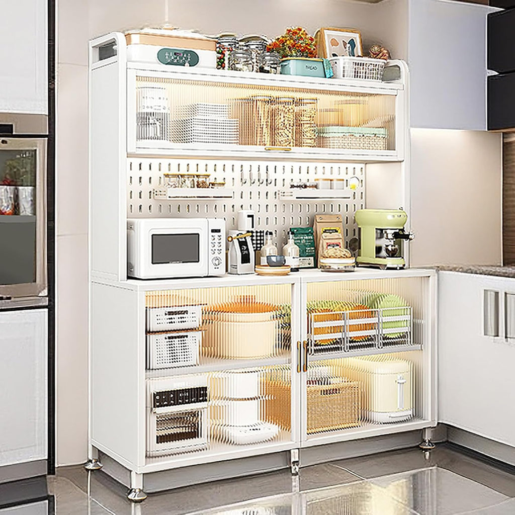 White Coffee Bar Cabinet with Microwave Stand, Bakers Rack & Transparent Flip Switch Door, DIY Backplane, Rolling Cart for Kitchen, Dining Room & Living Room - 60' Size
