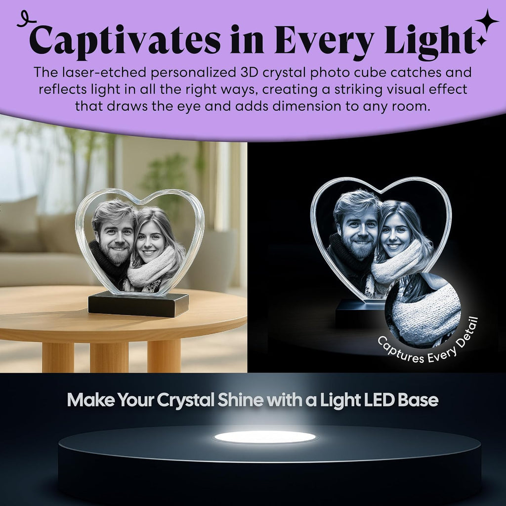 Monume 3D Crystal Heart (Medium) – Laser Engraved Personalized Crystal Photo Made from Clear-Cut Glass – Custom Photo Gifts for Weddings, Memorials, Anniversaries & More