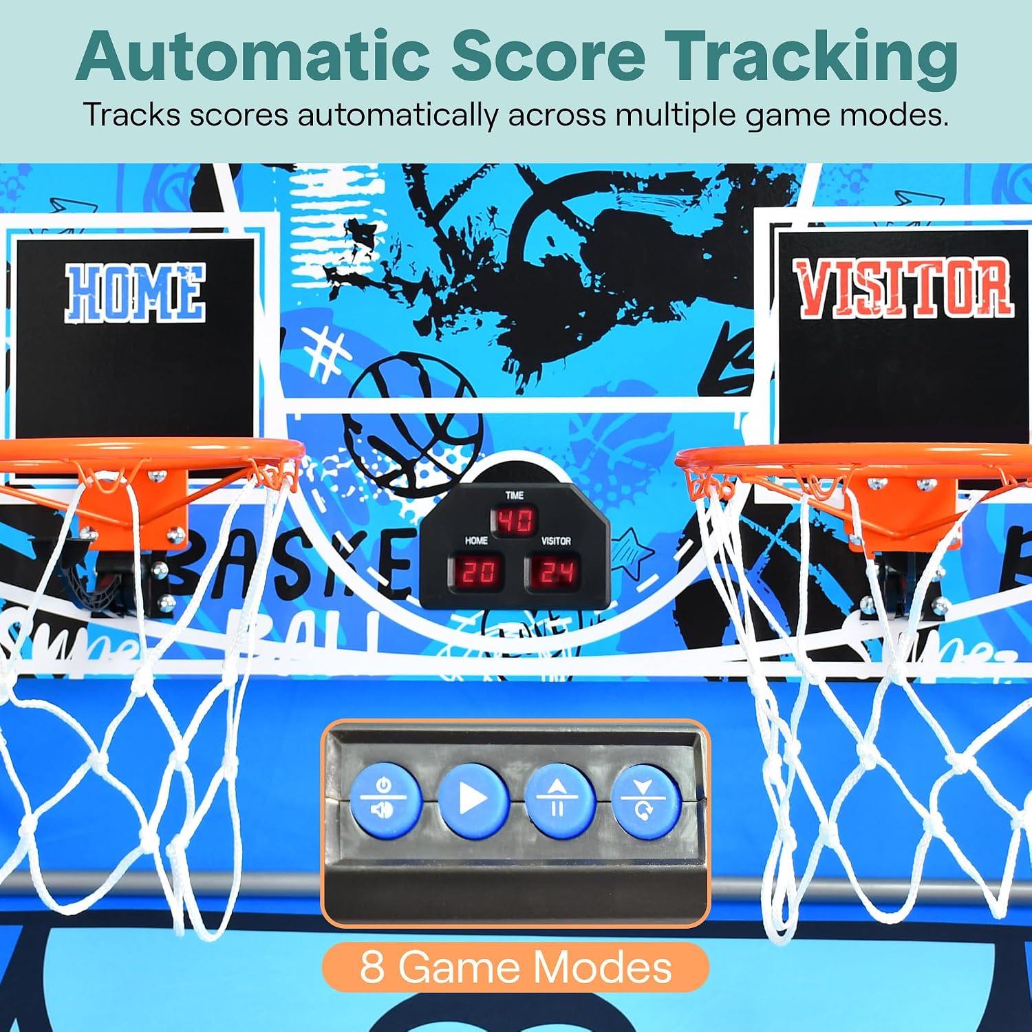 SereneLife Dual Shot Basketball Arcade Game with Electronic Scorer, 8 Game Modes, Indoor Outdoor 2 Player Basketball Shooting Game, Foldable Arcade Set with 5 Balls and Pump