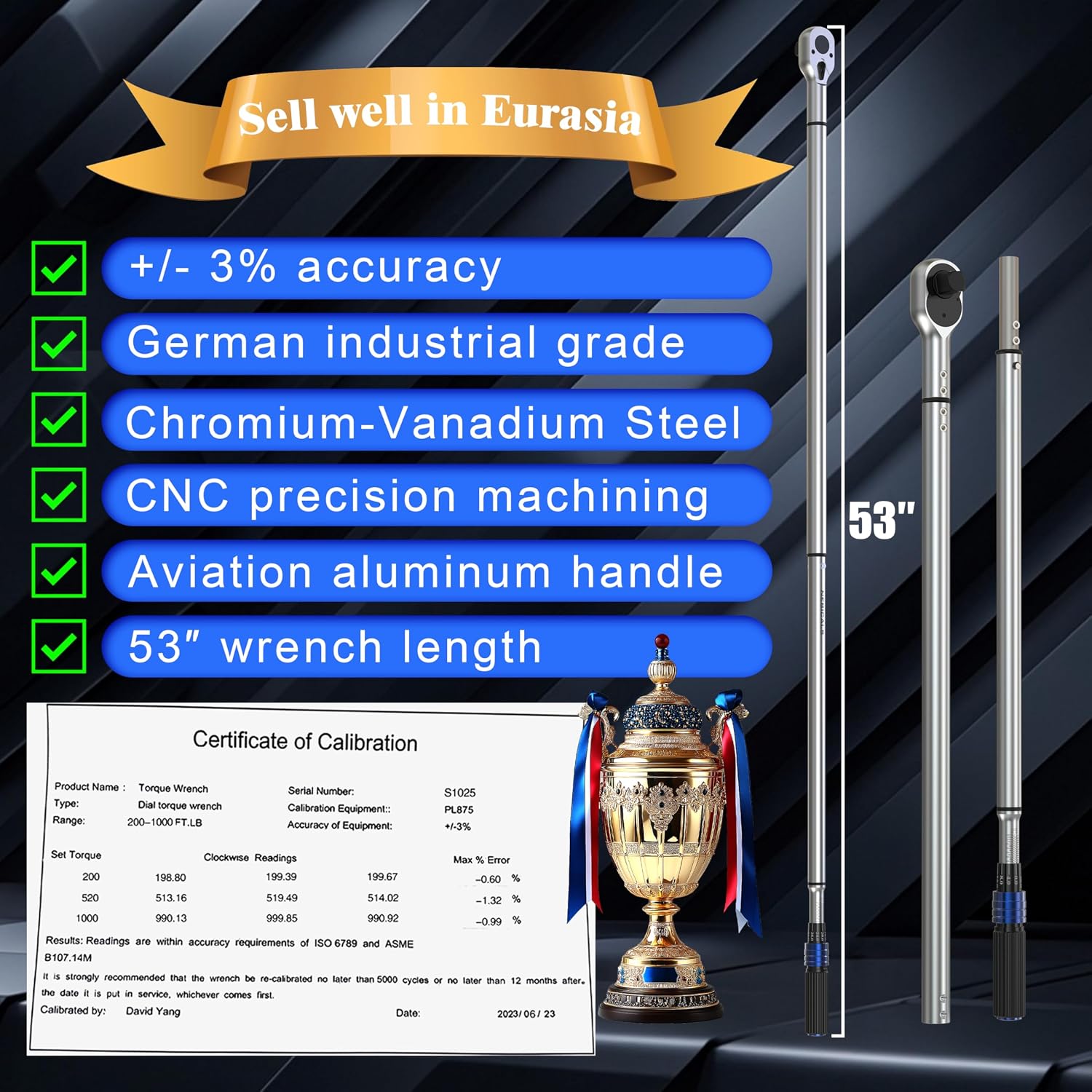1'' 200-1000 Ft Lb Torque Wrench Heavy Duty, Dual Direction, High hardness, Long lifetime, Stored In a Solid Case