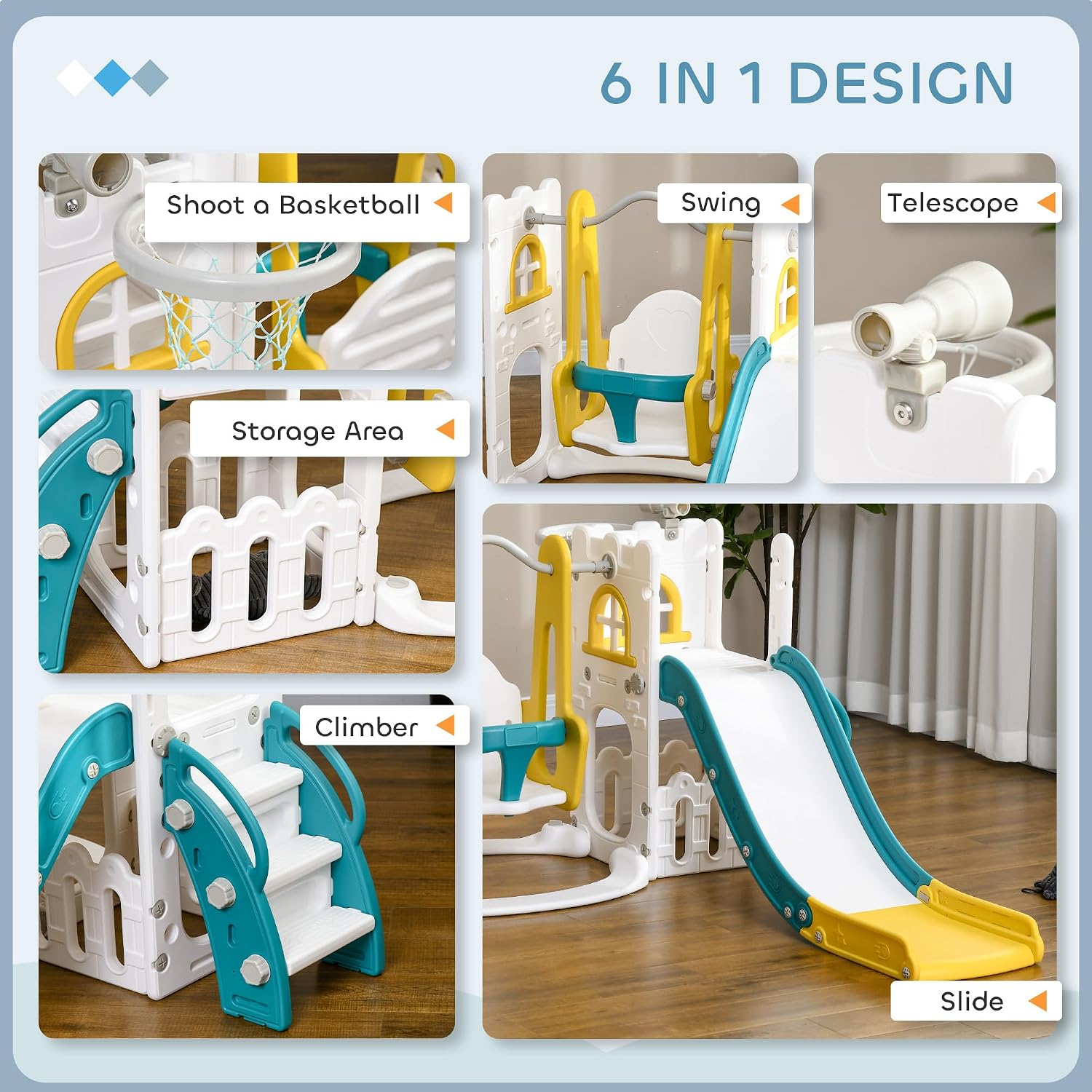 Qaba 6 in 1 Toddler Slide and Swing Set, Toddler Playground for Ages 1-3 Years with Basketball Hoop, Climber, Storage Space, Telescope, Indoor/Outdoor Playset, Yellow