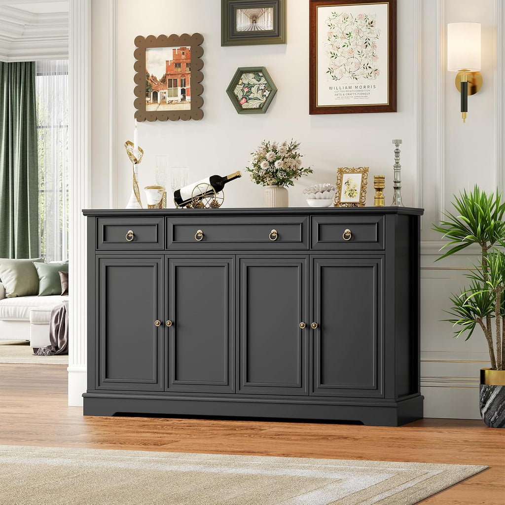 FINETONES Buffet Cabinet with Storage, 52.7' Large Sideboard Buffet Table, Black Kitchen Cabinet with 3 Drawers and 4 Doors, Wood Coffee Bar for Kitchen Dining Room, Black