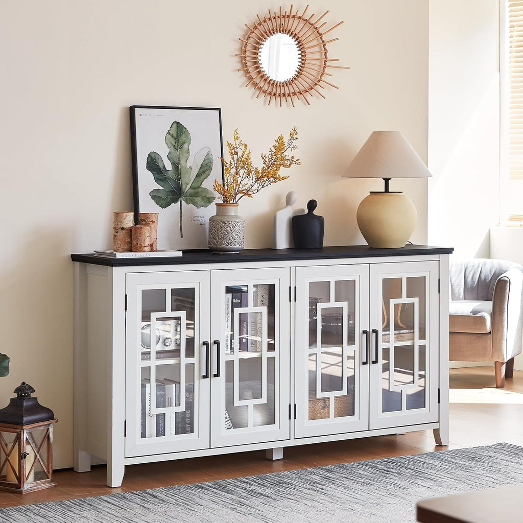 Joaxswe Large Sideboard Buffet Cabinet with Storage, 63' Farmhouse White Kitchen Coffee Wine Bar Cabinet with 4 Glass Doors, Wood Mid Century Modern Side Board Table for Dining Room, Living Room