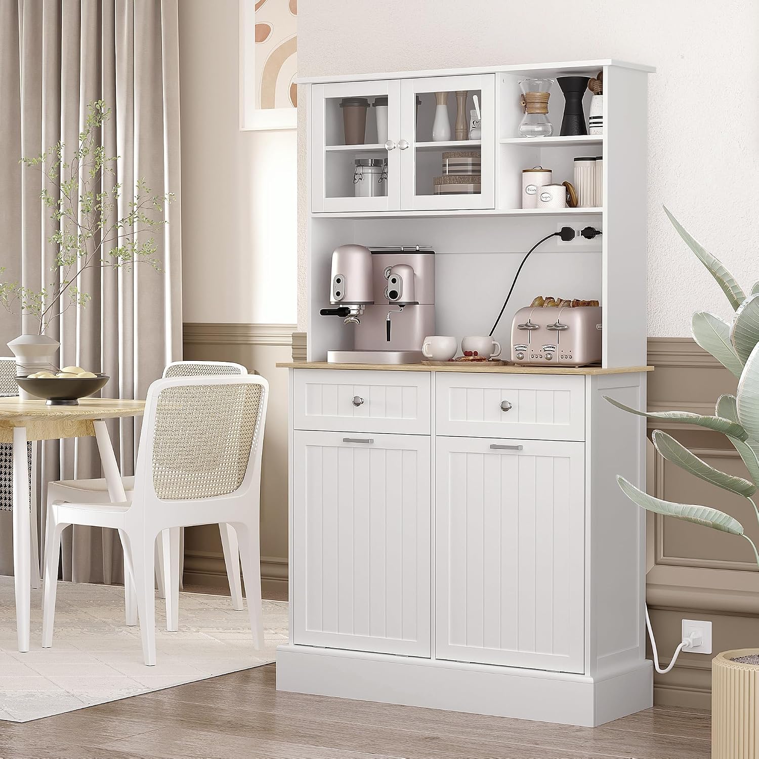 68' Charging Station Freestanding Storage Cabinet, Kitchen Storage Bakers Rack with Tilt-Out Trash Cabinets, Utility Food Cupboard with Adjustable Shelf for Kitchen Living Spaces, White