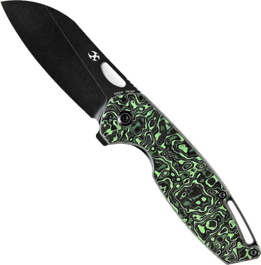 KANSEPT Model 6 Pocket Folding Knives EDC Camping Folding Knife 3.1'' Black Stonewashed CPM 20CV Material Pocket Folding Knife with Green Carbon Fiber Handle Everyday Carry K1022A5