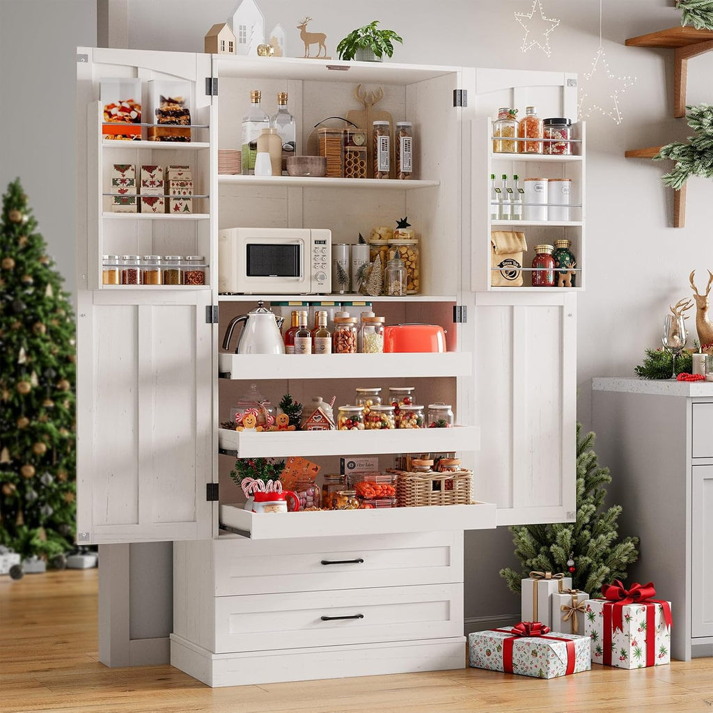 ONBRILL 71' Tall Farmhouse Kitchen Pantry Cabinet with 3 Pull Out Shelves & 2 Large Drawers, Pantry Storage Cabinet with 6 Door Shelf & Adjustable Shelf, Freestanding Cupboard for Kitchen, Dining Room