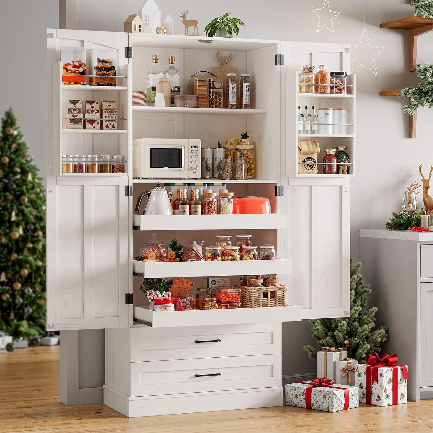 ONBRILL 71' Tall Farmhouse Kitchen Pantry Cabinet with 3 Pull Out Shelves & 2 Large Drawers, Pantry Storage Cabinet with 6 Door Shelf & Adjustable Shelf, Freestanding Cupboard for Kitchen, Dining Room