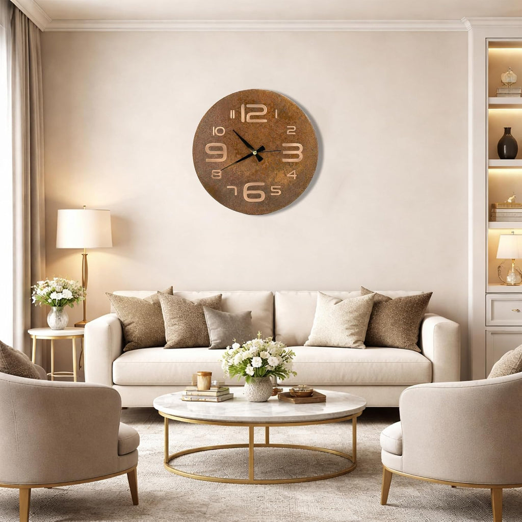Handmade Pure Copper Wall Clock for Home Decoration, Decor Clock for Living Room, Bedroom and Kitchen, Rustic Decorative Mural Clock Art for Farmhouse (Big Numbers, 17.7)