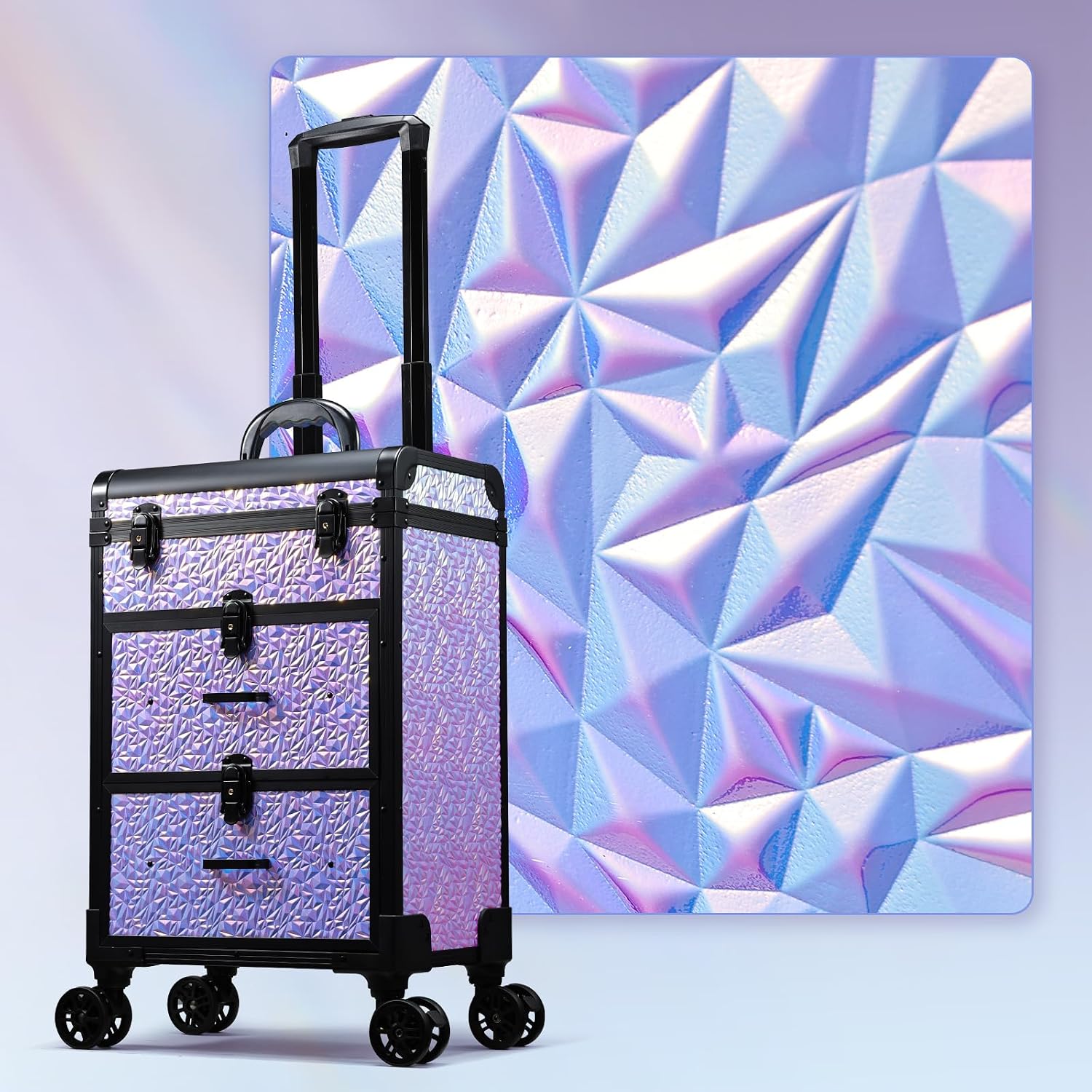 Professional Rolling Makeup Train Case with Drawers, Large Cosmetic Trolley with Locks, Cosmetics Storage Organizer Make up Case for Travel Makeup/Nail Art/Hair Styling, Shiny Pink
