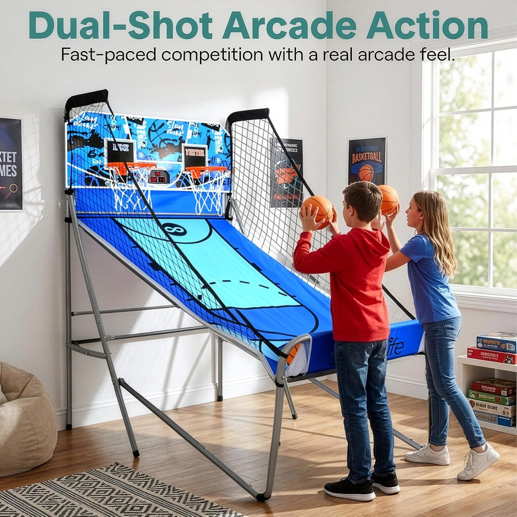 SereneLife Dual Shot Basketball Arcade Game with Electronic Scorer, 8 Game Modes, Indoor Outdoor 2 Player Basketball Shooting Game, Foldable Arcade Set with 5 Balls and Pump