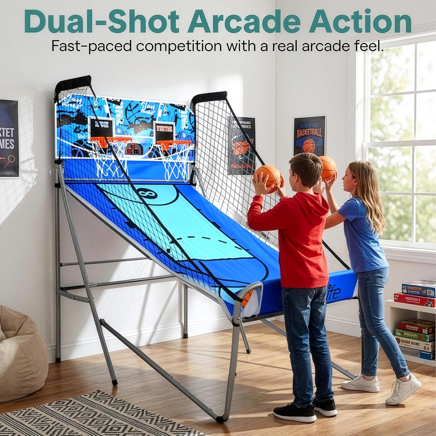 SereneLife Dual Shot Basketball Arcade Game with Electronic Scorer, 8 Game Modes, Indoor Outdoor 2 Player Basketball Shooting Game, Foldable Arcade Set with 5 Balls and Pump