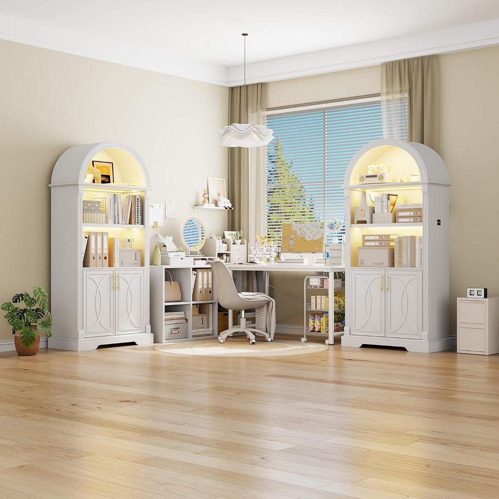 Vlsrka 71' Tall Arched Cabinet, Kitchen Pantry Cabinets, Arched Bookshelf/Bookcase,China Cabinet, Wood Kitchen Storage Cabinets with Open & Adjustable Shelves, Induction 3 Color Lights, White