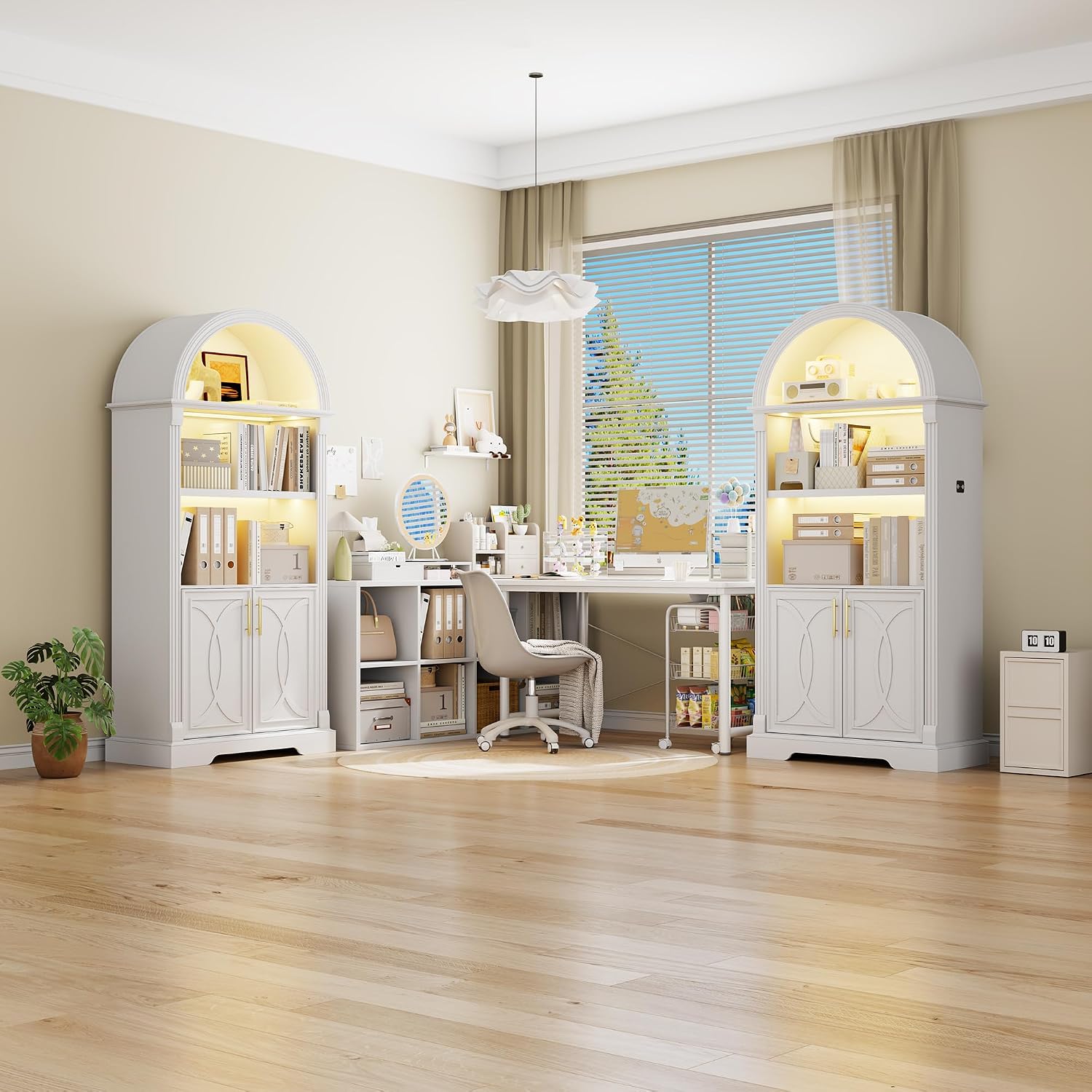 Vlsrka 71' Tall Arched Cabinet, Kitchen Pantry Cabinets, Arched Bookshelf/Bookcase,China Cabinet, Wood Kitchen Storage Cabinets with Open & Adjustable Shelves, Induction 3 Color Lights, White