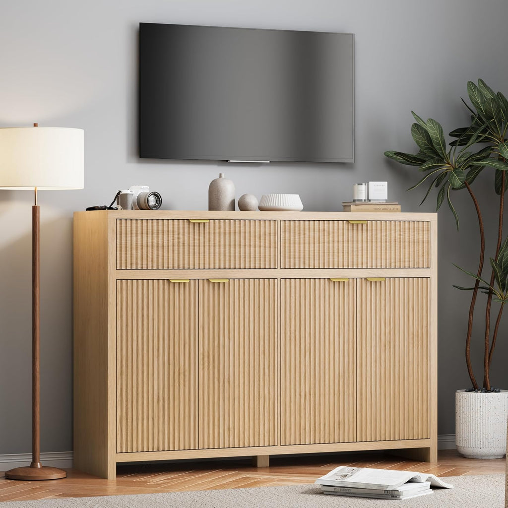 55' W Sideboard Buffet Cabinet with Storage, Fluted Cabinet with 2 Drawers & 4 Doors, Wood Kitchen Cabinet with Adjustable Shelves for Living Room,Kitchen and Dining Room - Wood