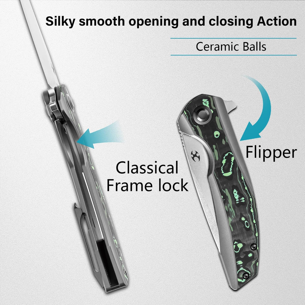 KANSEPT Accipiter Pocket Folding Knives EDC Camping Folding Knife 3.36'' Satin CPM S35VN Blade Pocket Folding Knife with Titanium + Green Carbon Fiber Handle Everyday Carry K1007E1