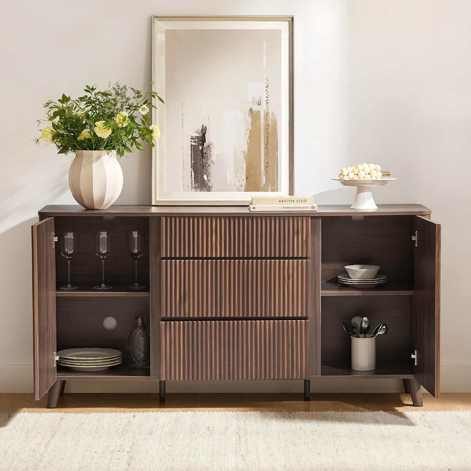 CHITA 62' Sideboard Buffet Cabinet with Storage, Living Room Accent Cabinet with Drawers, Doors and Adjustable Shelves, for Bar, Kitchen, Walnut