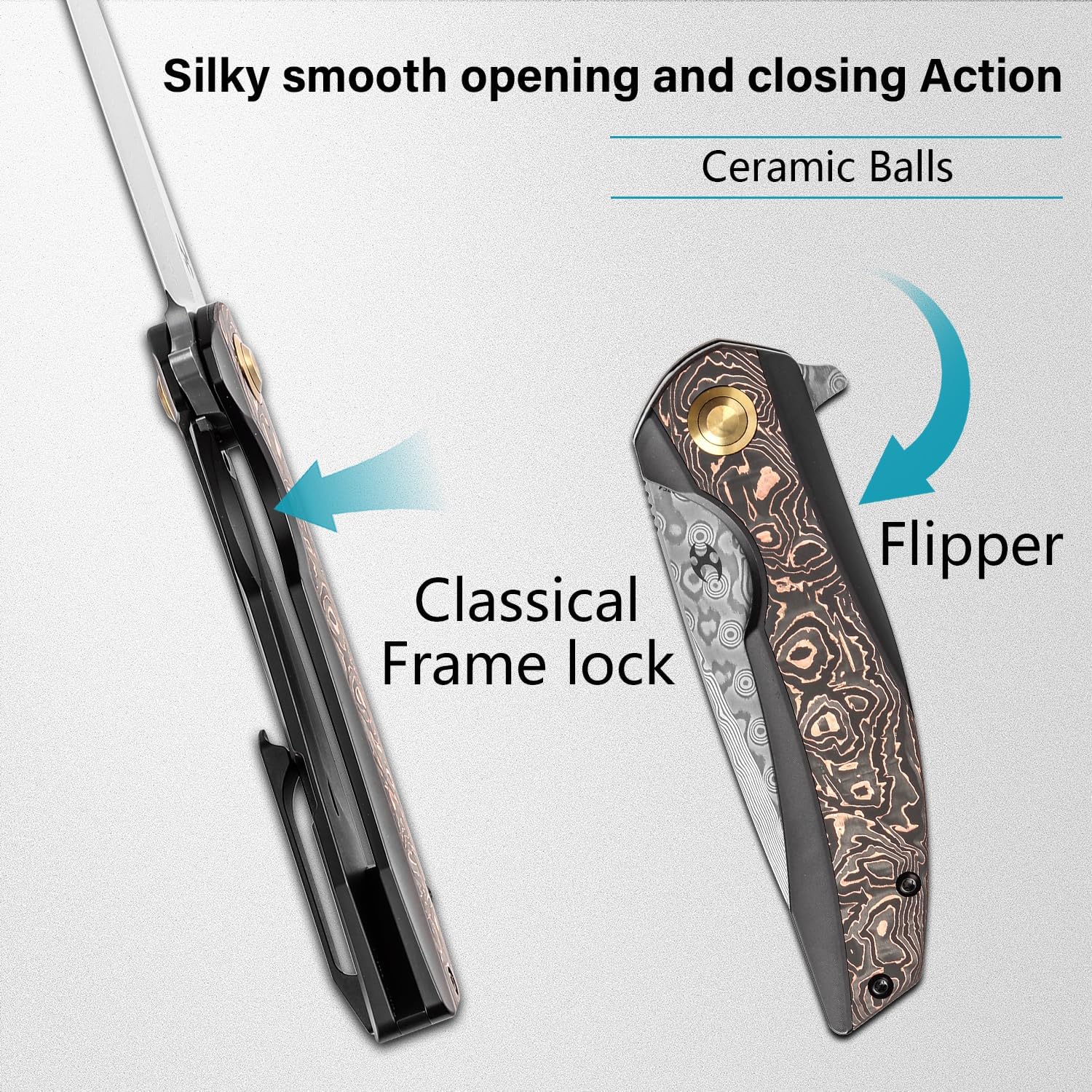 KANSEPT Accipiter Pocket Folding Knives EDC Camping Folding Knife 3.36'' Damascus Blade Pocket Folding Knife with Titanium + Copper Carbon Fiber Handle Everyday Carry K1007E4