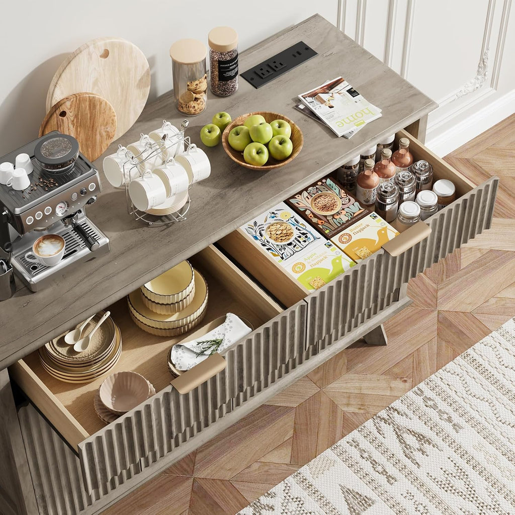 QUW Fluted Buffet Sideboard Cabinet with Storage, 47.2' Kitchen Cabinet with Drawers and Adjustable Shelves, Modern Coffee Bar with Charging Station, for Dining Room, Living Room, Grey