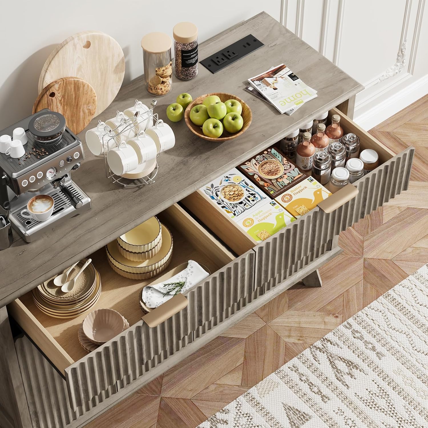 QUW Fluted Buffet Sideboard Cabinet with Storage, 47.2' Kitchen Cabinet with Drawers and Adjustable Shelves, Modern Coffee Bar with Charging Station, for Dining Room, Living Room, Grey