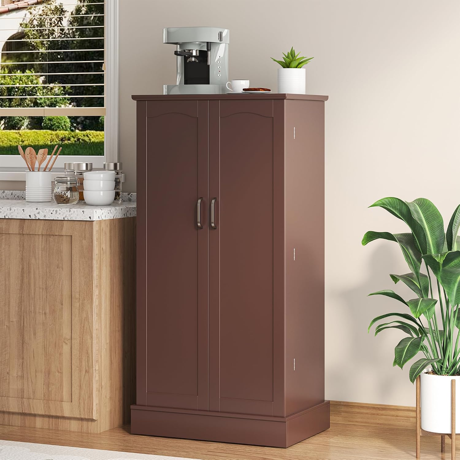 kepptory 47' Freestanding Kitchen Pantry Cabinet with Adjustable Shelves | Magnetic Doors & Anti-Tip Device, Storage Cupboard for Kitchen Laundry Living Room, Walnut