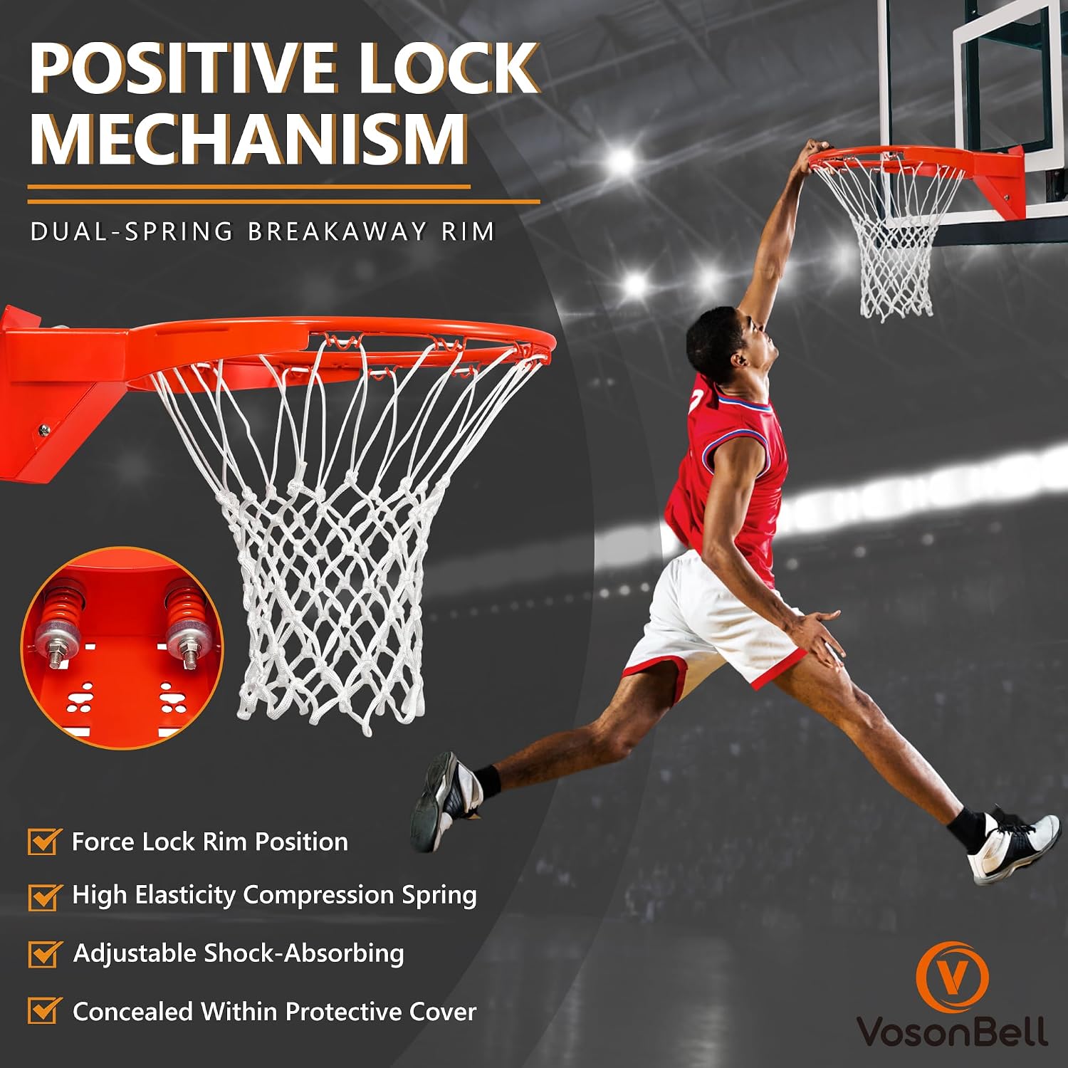 Basketball Rim Replacement, Heavy Duty Breakaway Rim and Net, Universal 18' Professional Double-Spring Solid Steel Backboard Rims Fits In-Ground and Wall-Mounted Basketball Hoops Indoor Outdoor